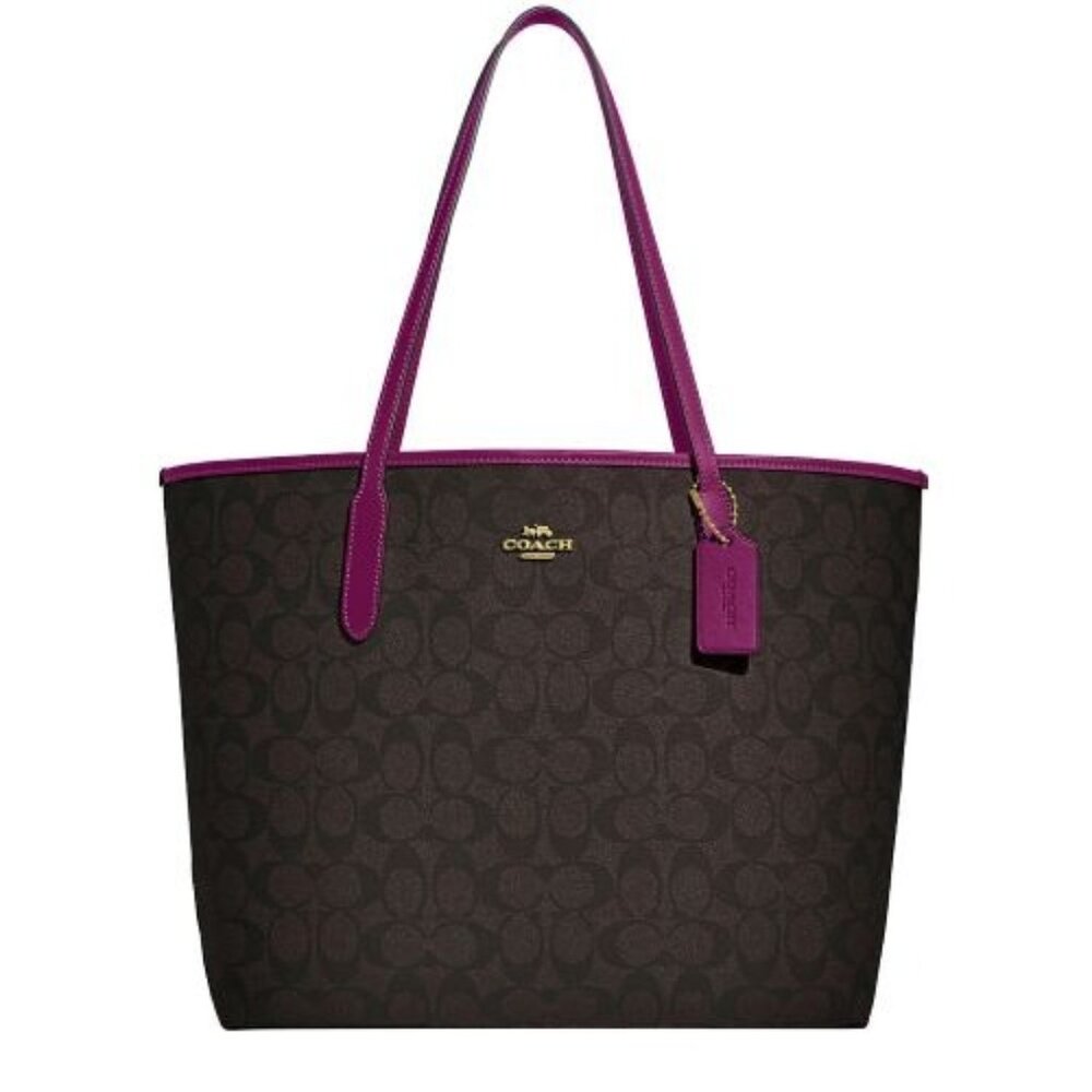 City Tote Bag In Signature Canvas Brown / Dark Magenta NWT